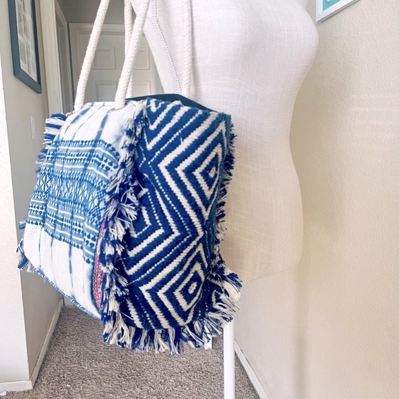 Tie-Dye Boho Beach Shoulder Bag Tote Blue Medium - Picture 3 of 15